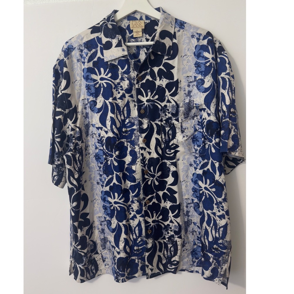 Jos. A. Bank Silk Hawaiian Shirt Mens Large Blue White Tropical Short Sleeve